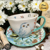 Woodland snow owl design teacup with inside images of Original Lenormand symbols, featuring 24kt gold accents, perfect for tea leaf reading and divination.